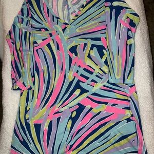 Lilly Pulitzer Brushstroke V-Neck Top — Pink, Navy & Lime